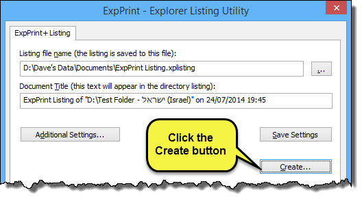 Shows the main ExpPrint dialog and identifies the Create button