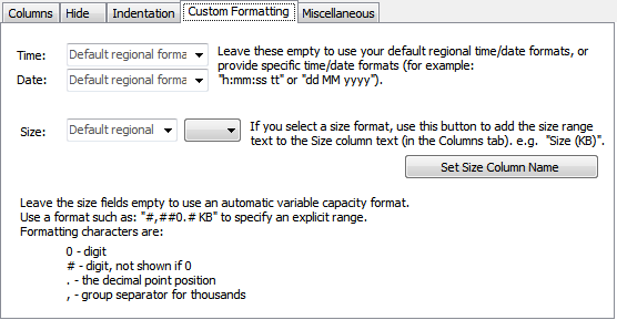 Shows the Custom Formatting options page