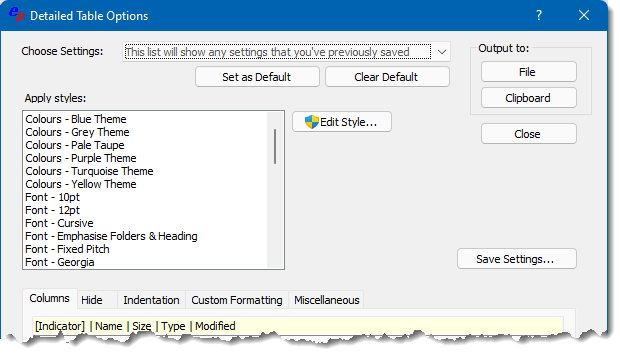 Shows the top pane controls of the Detailed Table Options dialog box