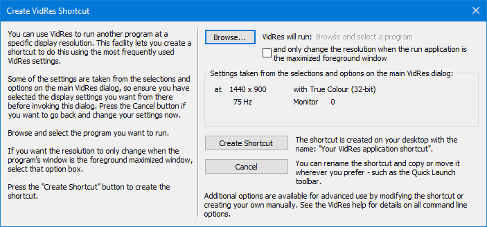 VidRes shortcut dialog